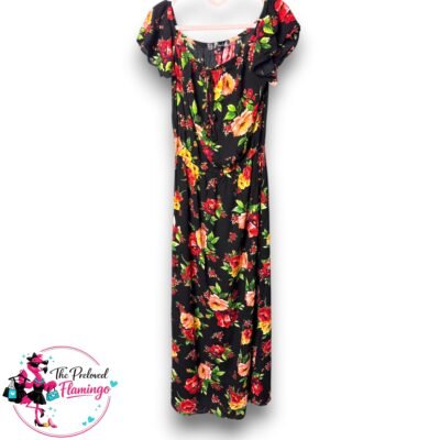 B Flawless Black Floral Maxi Dress Size M UK 10 12 Flutter Sleeve Side Split Summer Dress