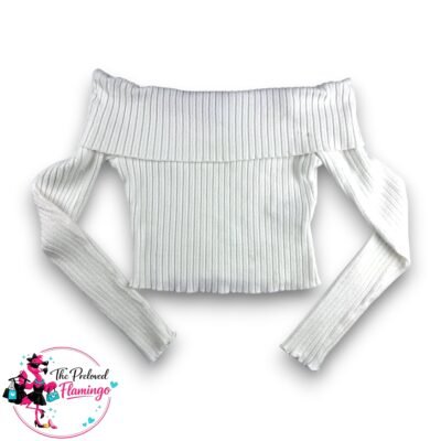 Bershka White Ribbed Off Shoulder Crop Top Long Sleeve Bardot Fitted Stretch Soft Size S