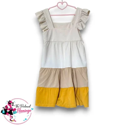 Boho Style Tiered Colourblock Mini Dress - Cream Beige Mustard - Size M UK 10-12