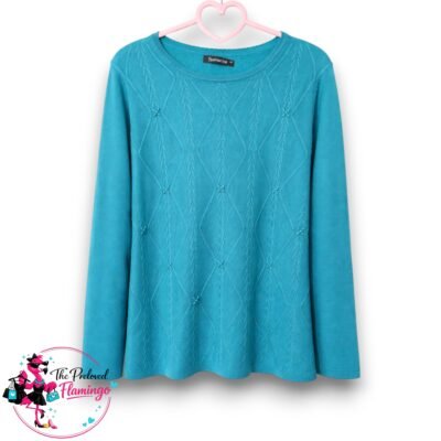 Bonmarché Teal Cable Knit Jumper with Floral Detail – Size M – Soft Acrylic Knit