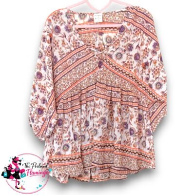 By Together Boho Floral Peplum Blouse Cream Rust Floral Print Tie Neck Top Boho Blouse