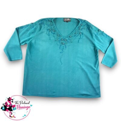 Casamia Exclusive Teal Embellished Top V Neck Beaded Knit 3/4 Sleeve Stretch Top L 14-16
