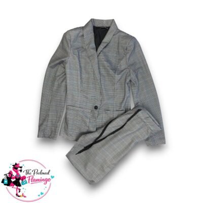 ChicMe Black White Check Blazer Trousers Suit Set Tailored Smart Co Ord Drawstring - UK S 8 10