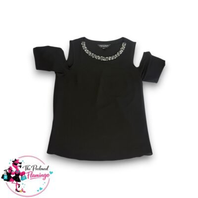 Dorothy Perkins Black Cold Shoulder Top Embellished Pearl Diamante Neckline Short Sleeve - UK 10
