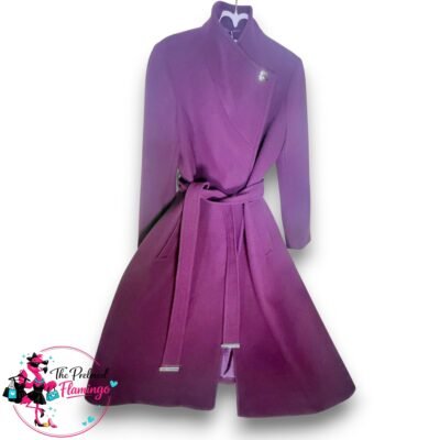 Dorothy Perkins Plum Wrap Coat UK 12 Belted Skater Style Winter Coat Gold Button