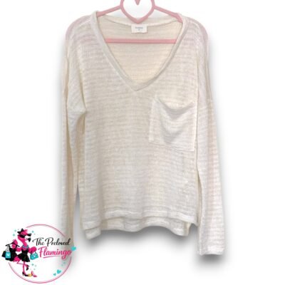 Everly White Lightweight Knit V Neck Top Long Sleeve Pocket Jumper Casual Knit Top