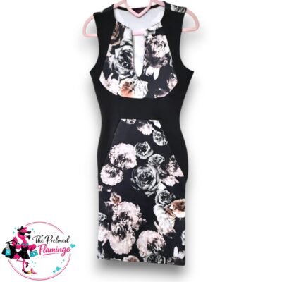 Evita Black Floral Bodycon Midi Dress with Keyhole Neck - Size 10 - Elegant Occasion