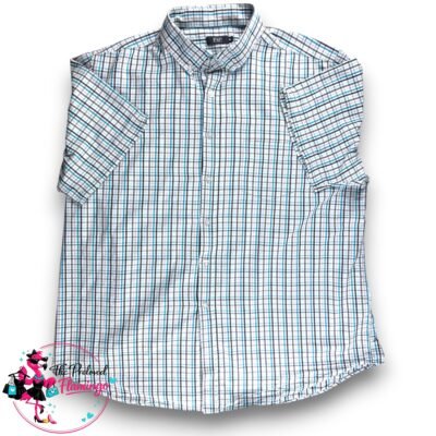 F&F Blue Grey Check Shirt Short Sleeve Button Up Cotton Casual Summer Shirt XL