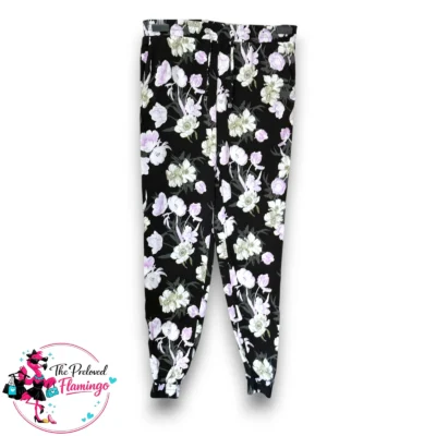 F&F Black Floral Tapered Trousers – Drawstring Waist Joggers – Pockets – Size 10