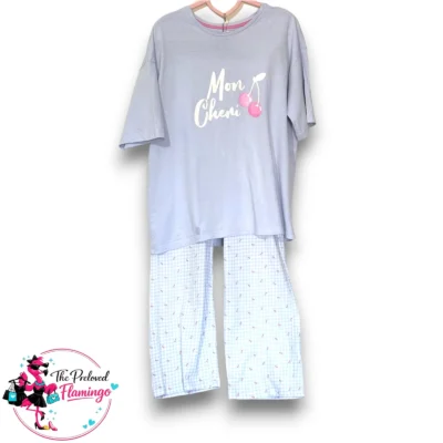 F&F Mon Cheri Cherry Pyjama Set – Glitter Graphic Top & Cropped Gingham Trousers – Size 8–10
