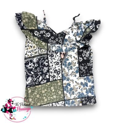 Floral Patchwork Cold Shoulder Top Adjustable Straps Ruffle Summer Blouse UK 10 M