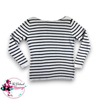 Gap Grey Black Striped Ribbed Top Boat Neck Long Sleeve Stretch Knit Womens L 16-18