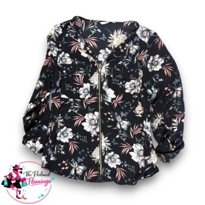 George Black Floral Zip Up Blouse Lightweight Jacket Shirt Long Sleeve Collared Casual - UK 12