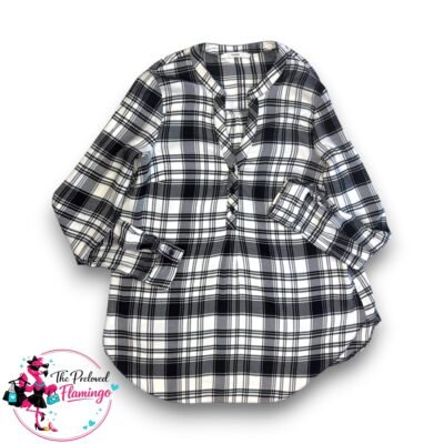George Black White Check Blouse Long Sleeve Button Front Tunic Top Relaxed Fit Casual - UK 12