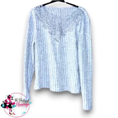 Grey Ribbed Long Sleeve Top Floral Lace Detail Scoop Neck Stretch Knit Top - Size XL (UK 12-14)