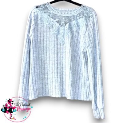 Grey Ribbed Lace Detail Long Sleeve Top – Size 2XL (Fits UK 14) Soft Stretch Casual Top