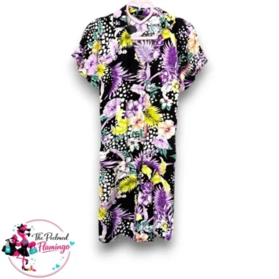 Lipsy London Tropical Floral Shirt Dress - Size 10 - Purple Black Tie Waist Summer
