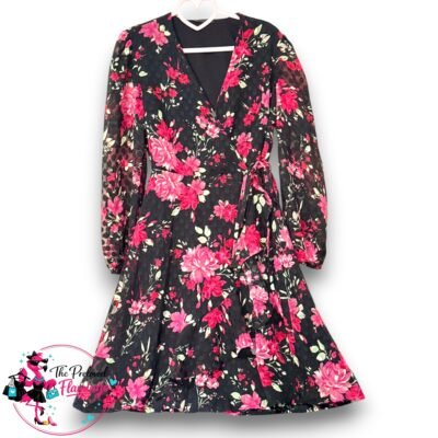 M&S Collection Black Pink Floral Wrap Dress Long Sleeve Tea Dress UK 8 V Neck