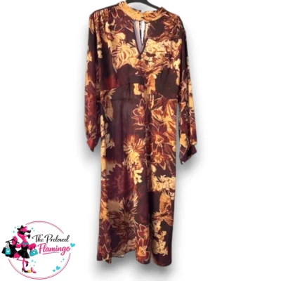 Made in Italy Brown Floral Midi Dress - One Size UK 14-18 - Long Sleeve Boho Autumn Dress BNWT