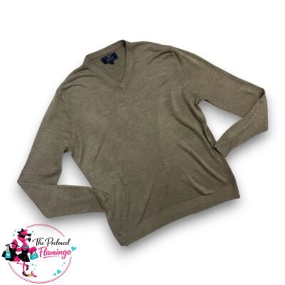 Mens Atlantic Bay V Neck Jumper Beige Size L Soft Knit Lightweight Long Sleeve Smart Casual