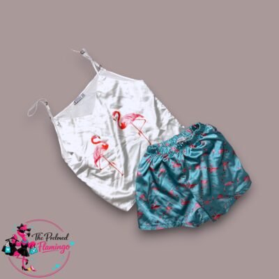 Niccy Flamingo Pyjama Set Satin Feel Cami Shorts XS UK 4 6 Pink Print Sleepwear Cute