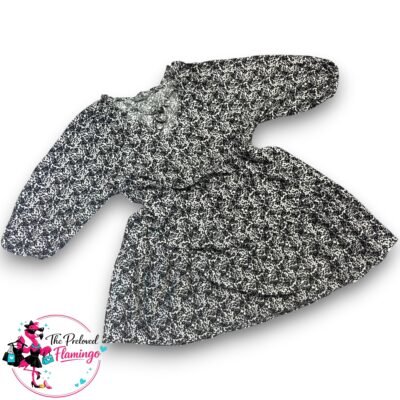 Nutmeg Black White Floral Smock Mini Dress Long Sleeve Tie Neck Boho Floaty UK 16