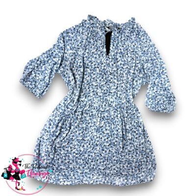 Papaya Curve Blue Floral Dress Size 22 Smock Keyhole Neck Lined Puff Sleeve Plus Size