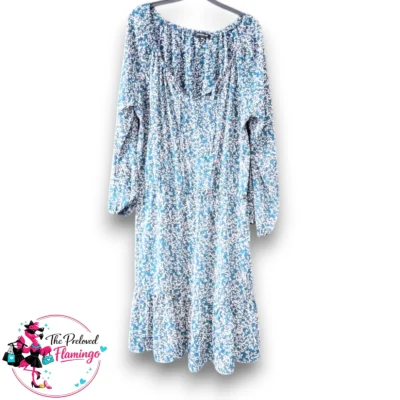 Peacocks Teal Blue Floral Boho Dress - Size 20 - Long Sleeve Ditsy Print Tiered Hem Midi