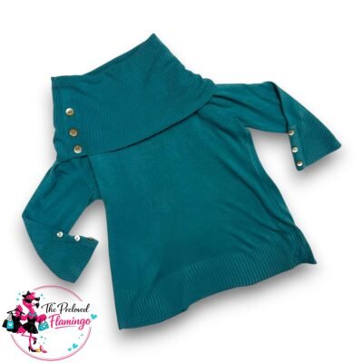 Per Una M&S Turquoise Jumper UK 22 Roll Neck Button Detail Knit Long Sleeve Teal Top
