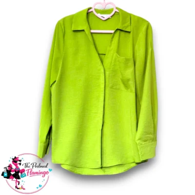 Primark Cares Lime Green Textured Blouse – Long Sleeve Button Front Shirt – Size UK 8