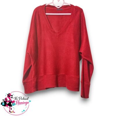 Promod Burgundy Deep V-Neck Oversized Relaxed Knit Jumper With Dropped Shoulders - Size Large (L)