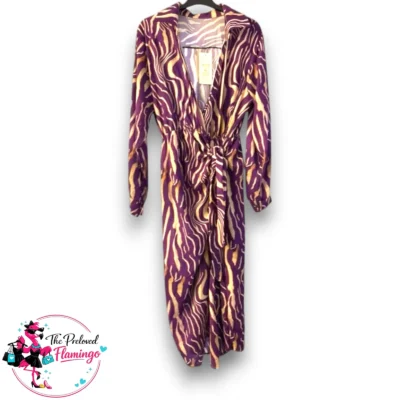 F Fashion Purple Abstract Print Midi Dress - Size 22 - Long Sleeve Tie Waist V Neck BNWT