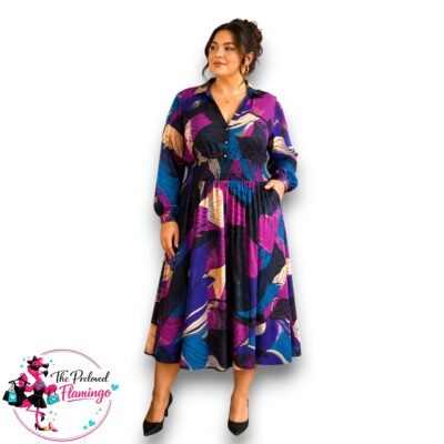 Purple Teal Abstract Print Midi Dress - One Size UK 14-18 - Long Sleeve Button Front Waist Detail