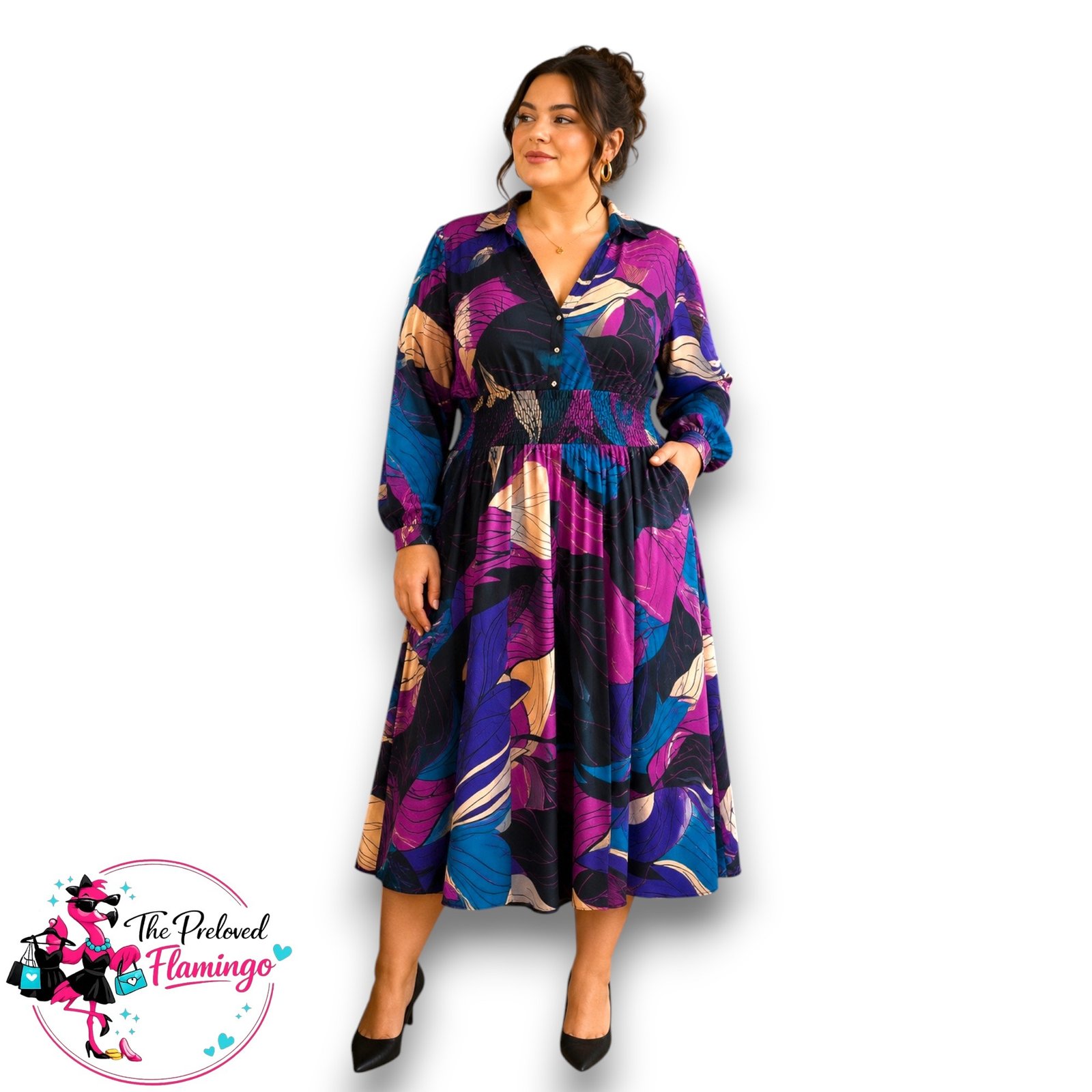 Purple Teal Abstract Print Midi Dress - One Size UK 14-18 - Long Sleeve Button Front Waist Detail