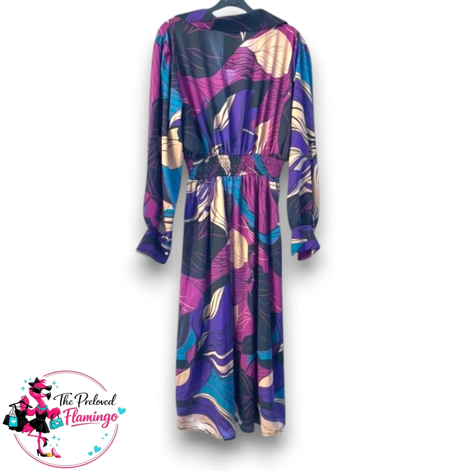 Purple Teal Abstract Print Midi Dress - One Size UK 14-18 - Long Sleeve Button Front Waist Detail - Image 3