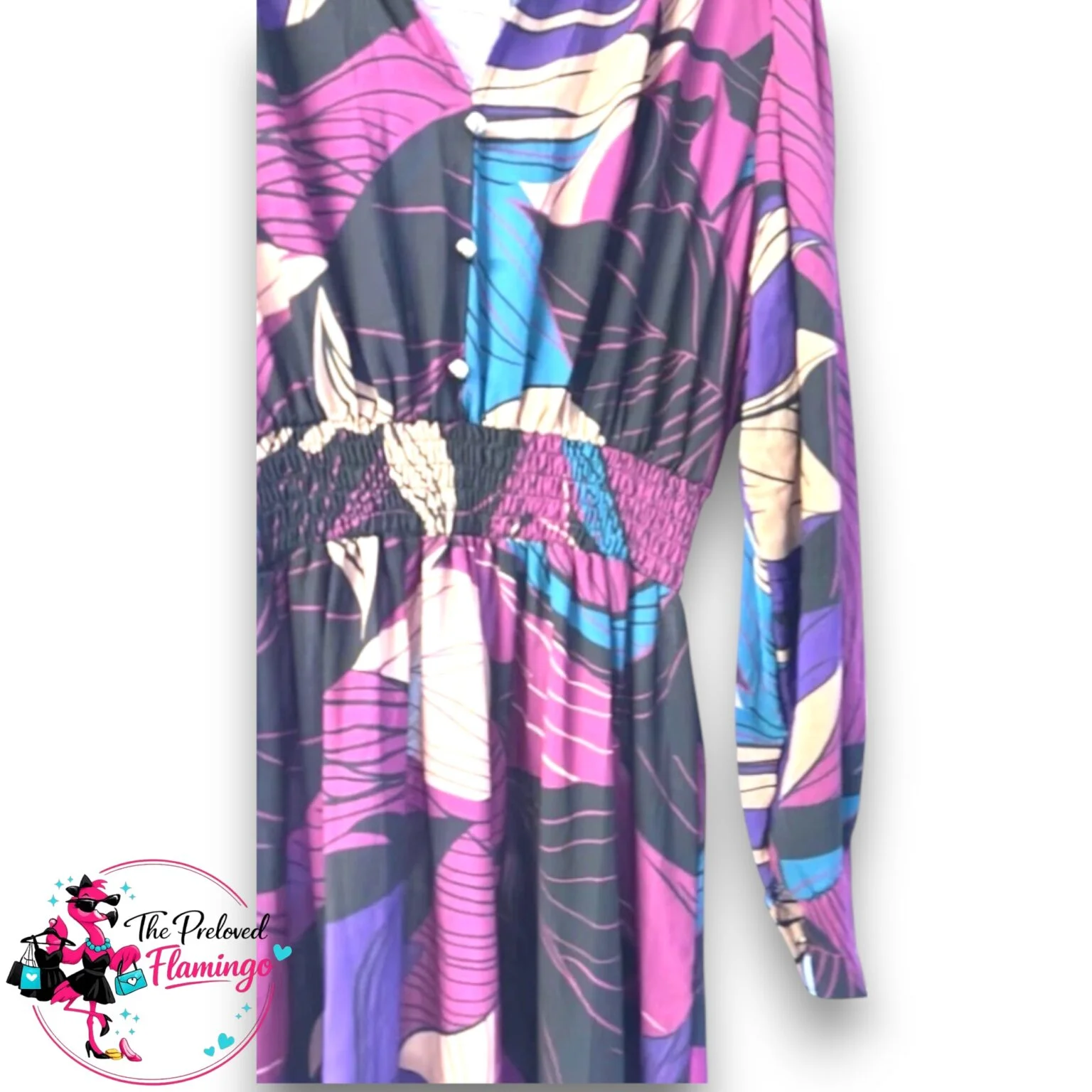 Purple Teal Abstract Print Midi Dress - One Size UK 14-18 - Long Sleeve Button Front Waist Detail - Image 2