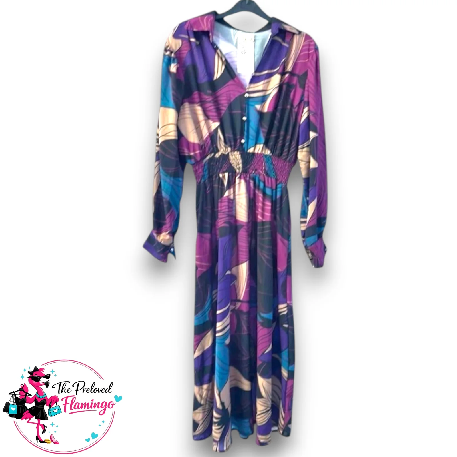 Purple Teal Abstract Print Midi Dress - One Size UK 14-18 - Long Sleeve Button Front Waist Detail