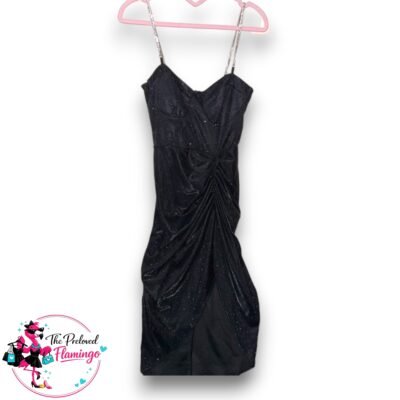 Quiz Black Glitter Ruched Bodycon Dress with Diamante Straps - Size UK 8 - Party Evening Mini