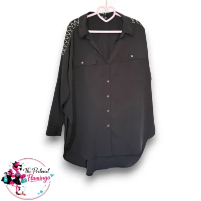 River Island Black Oversized Hi-Lo Blouse – Embroidered Shoulder Detail – Size M