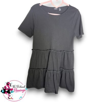 River Island Black Smock Dress UK 8 Tiered Mini Cotton Short Sleeve Babydoll Dress