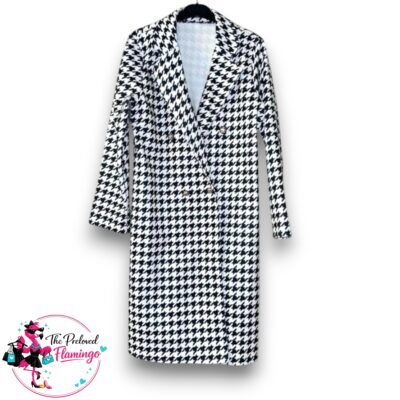 SHEIN Black & White Houndstooth Longline Blazer Jacket – Lightweight Double Breasted – Size XL UK 14