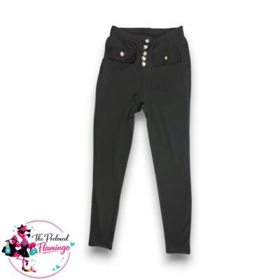 Shein Black High Waisted Leggings Gold Button Detail Stretch Skinny Trousers Casual - UK S 8 10