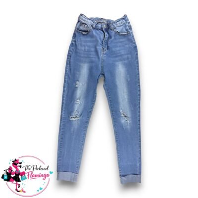 Shein Light Wash Distressed Skinny Jeans High Waisted Stretch Denim Ripped Cuffed Size S