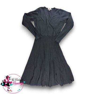 Stella Morgan Black Pleated Wrap Dress Size 10 Long Sleeve V Neck Fit Flare Midi