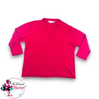 TIGI Hot Pink V Neck Knit Top 3/4 Sleeve Lightweight Jumper Casual Womens UK 18-20