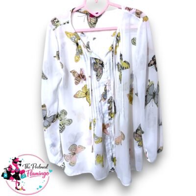 Together Butterfly Print Sheer Blouse - Size UK 12 - Floaty Chiffon Button Front Top