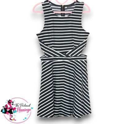 Weavers Black White Striped Skater Dress Sleeveless Cut Out Waist Fit Flare Dress