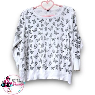 White Butterfly Print Lightweight Jumper Sweater - Size L (Fits UK 10) - Casual Knit