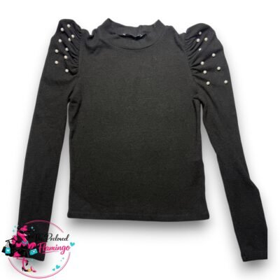 Zara Black Pearl Sleeve Top Size S Stretch Viscose Puff Sleeve Smart Casual Blouse