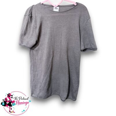 Zara Grey Fine Knit T-Shirt Top – Rolled Hem Lightweight Knit – Size S